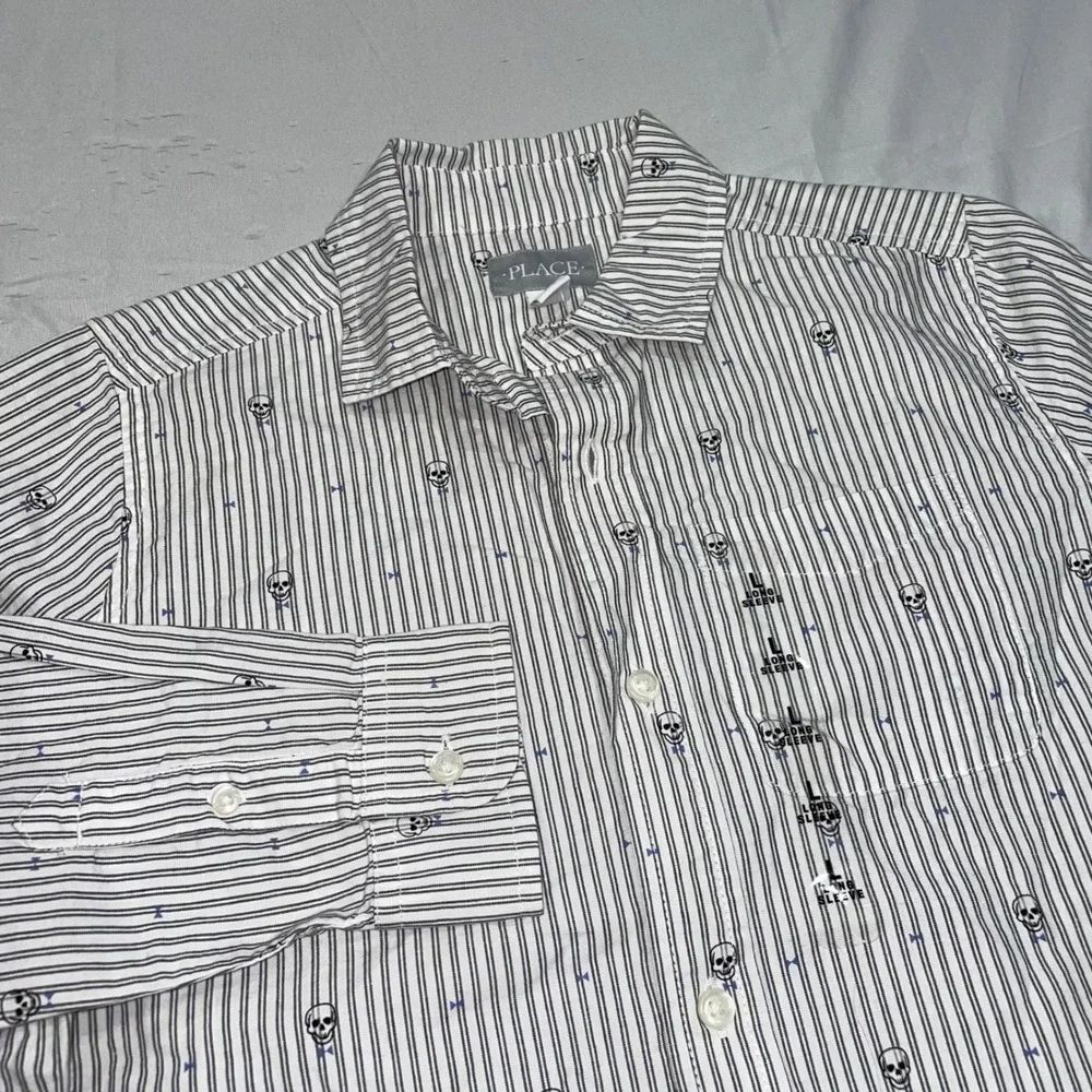 The Children's Place Boys L 10/12 Skull Bowtie Striped Long Sleeve Button Down